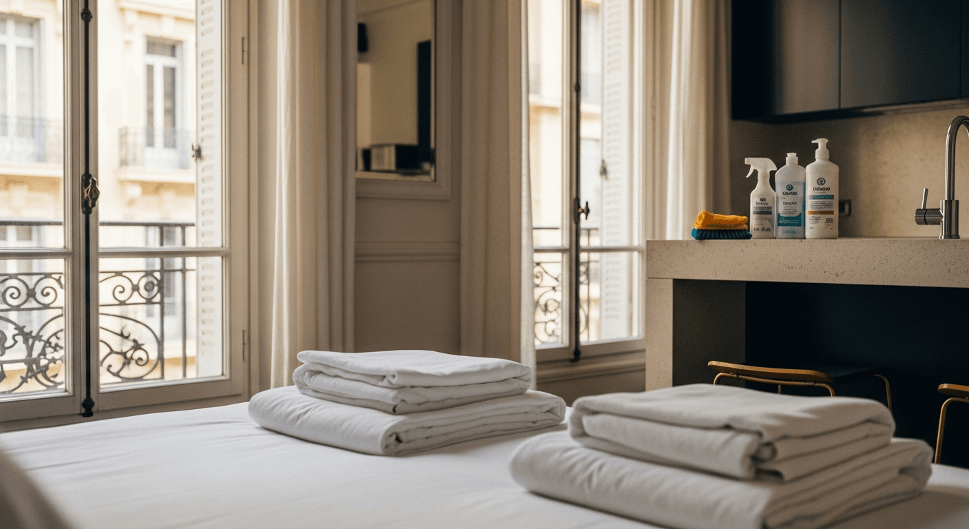 Airbnb cleaning setup in a Nice apartment with fresh linen ready for guest turnover