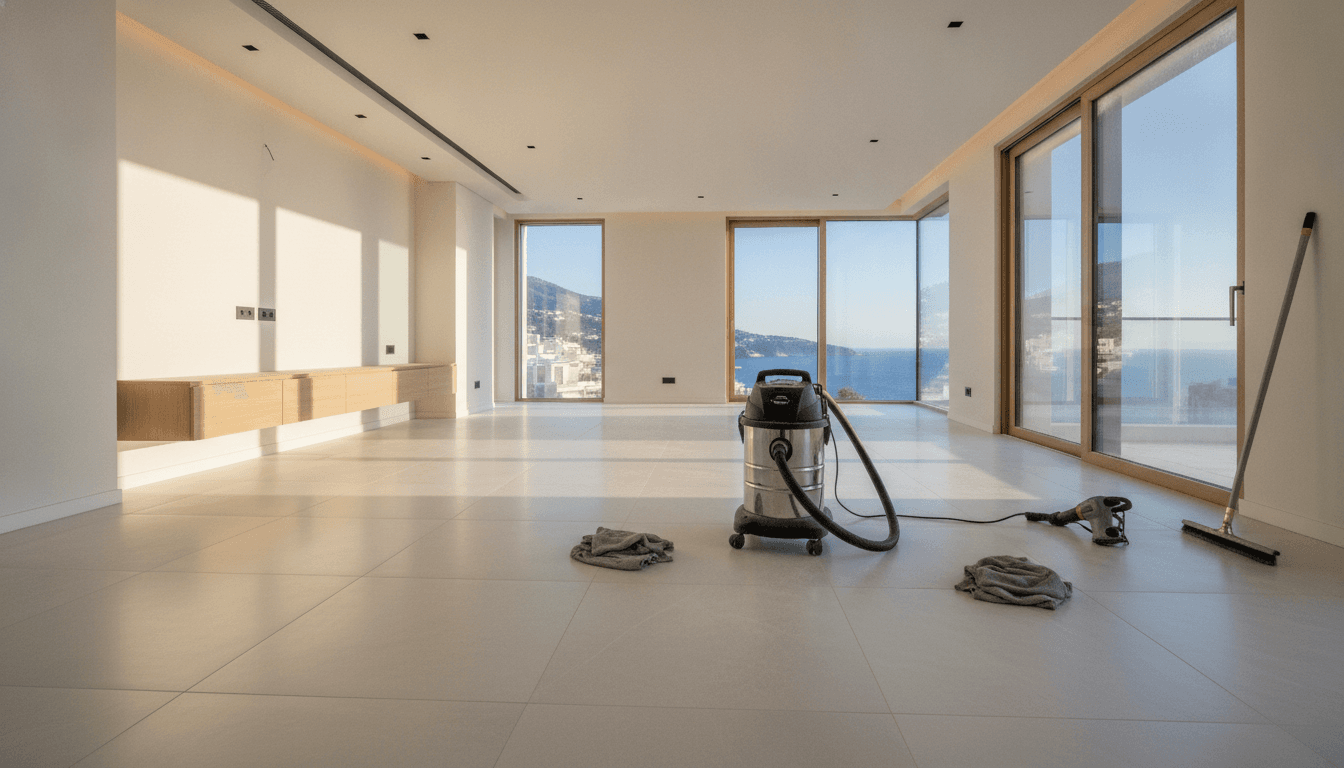 Nettoyage de fin de chantier à Nice avec contrôle du voile de ciment sur carrelage neuf