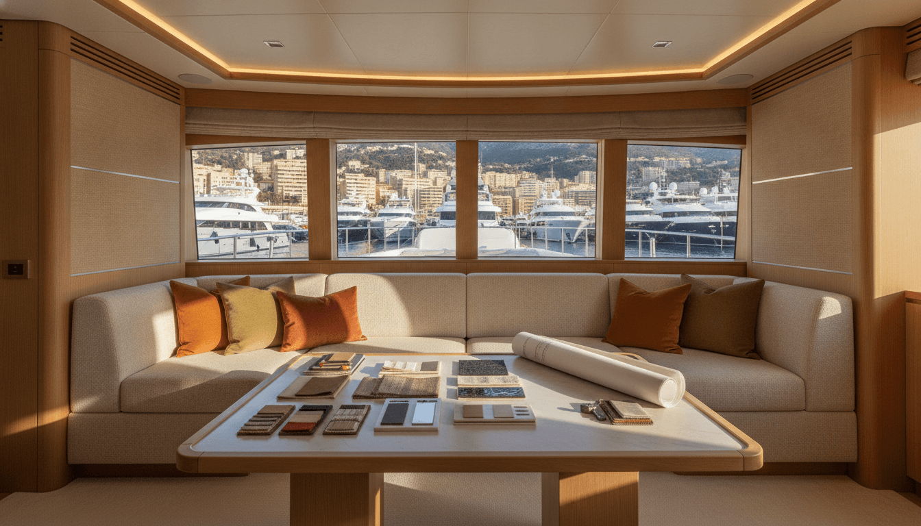 Aménagement intérieur de yacht à Monaco avec textiles marins, finitions allégées et cabine sur mesure