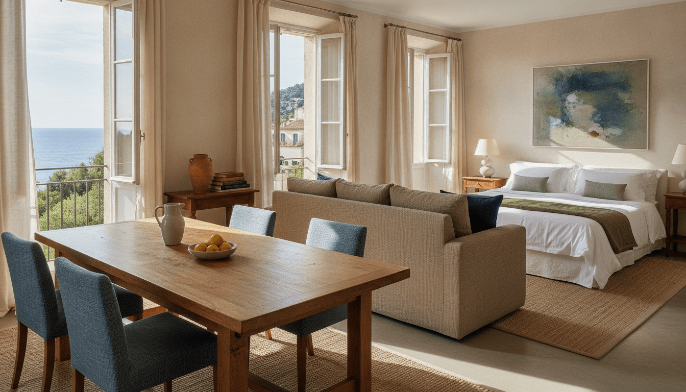 Durable furniture for a Riviera Airbnb with easy-clean textiles and solid wood finishes