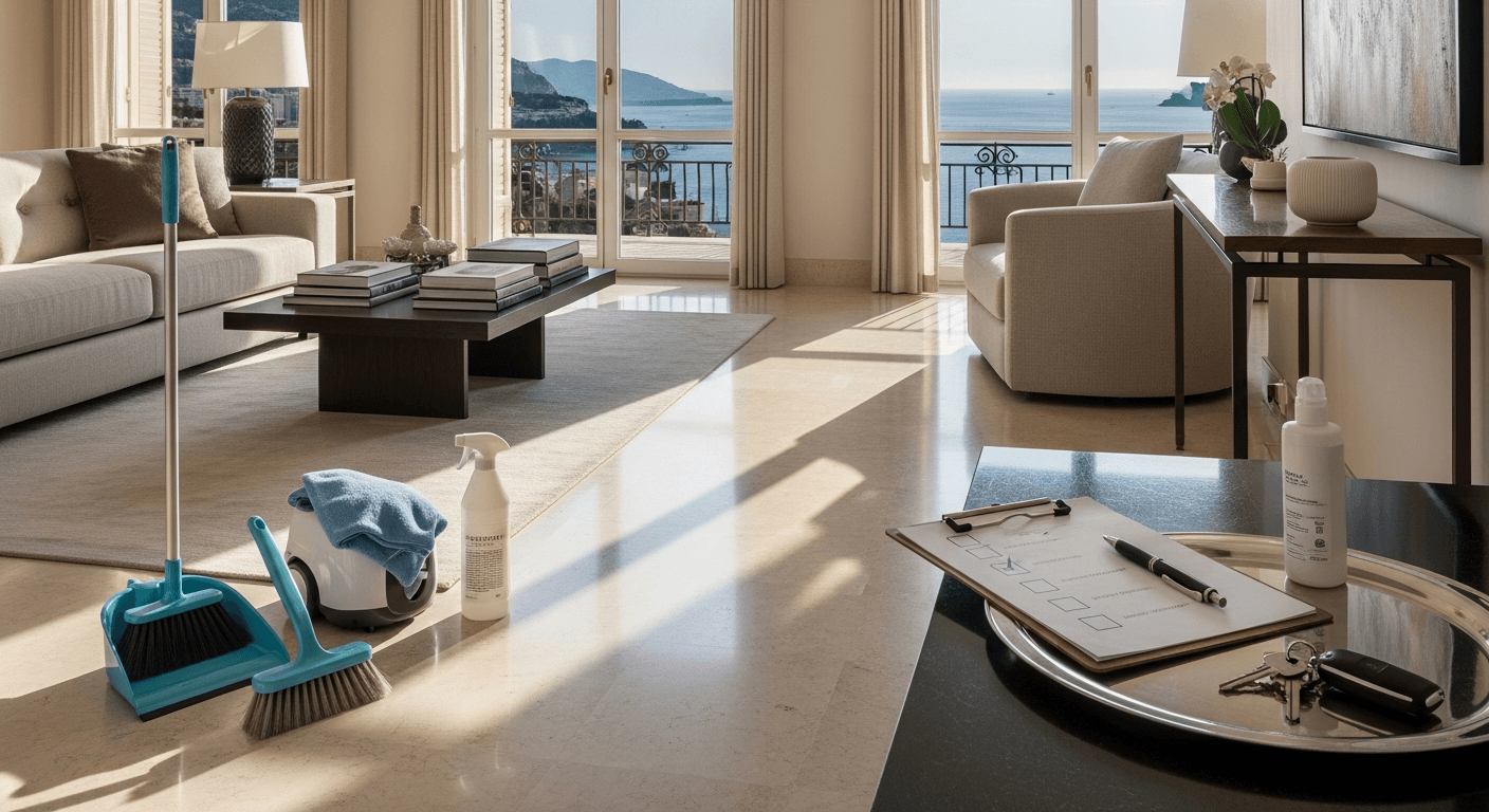 House cleaning cost in Monaco explained with a luxury apartment interior and cleaning setup